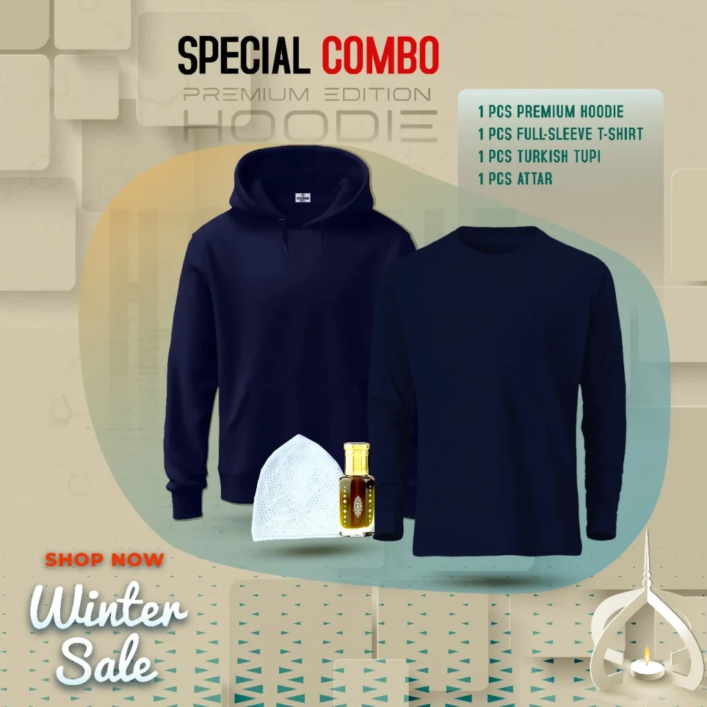 navy blue hoodie, full-sleeve T-shirt, white Turkish tupi, and a small bottle of attar, labeled as a "Special Combo.